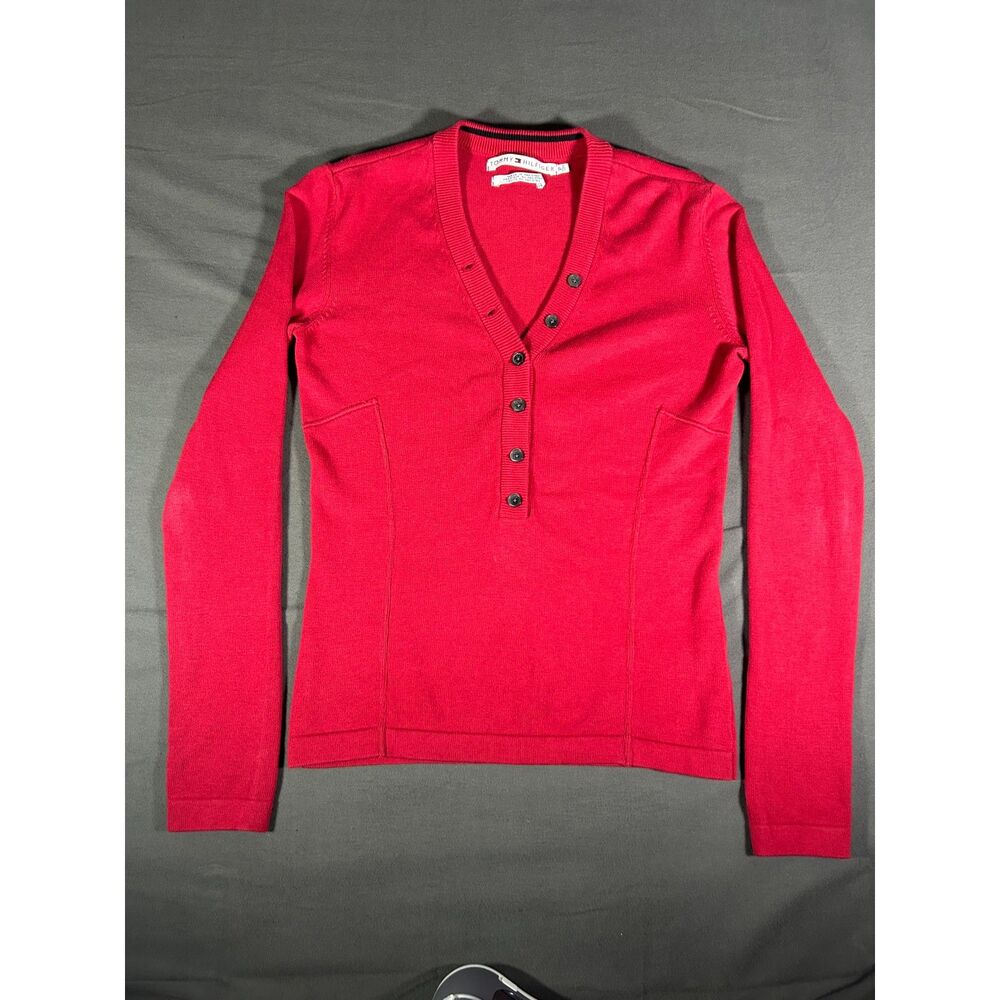 Y2K Preppy Red Henley Sweater Thin Knit V Neck Top | Tommy Hilfiger S
